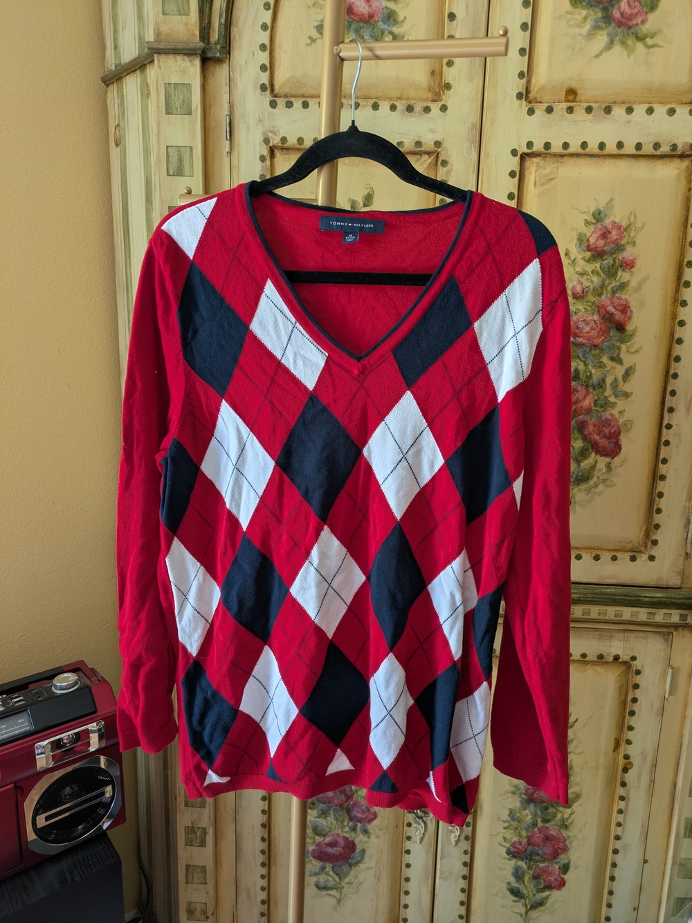 Tommy Hilfiger Red Navy White Argyle V-Neck Sweater Sz XL